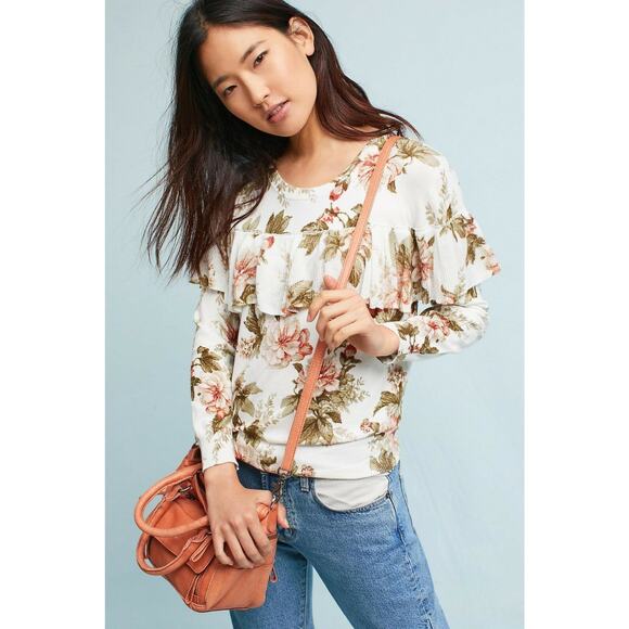 New Anthropologie Floral Ruffled Pullover by Harlyn $118 Size Small Long Sleeve - Picture 2 of 5